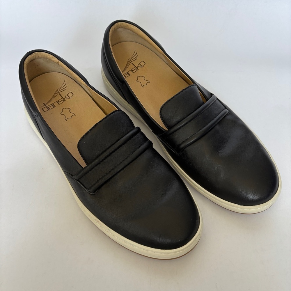 Dansko Black Leather Slip-On Loafers with White Soles